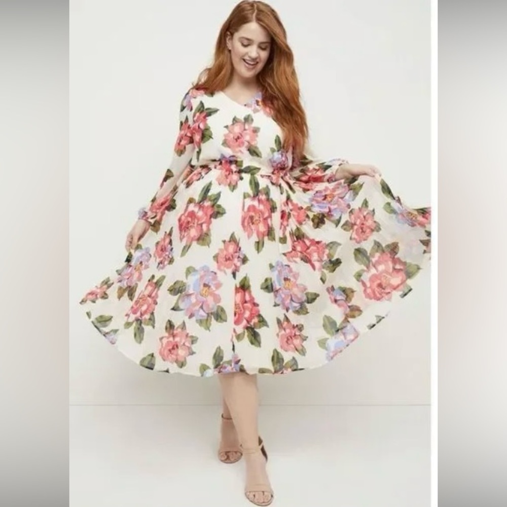 BeautiCurve X Lane Bryant Floral Pleated Dress Spring Easter V Neck Plus Sz 20.
